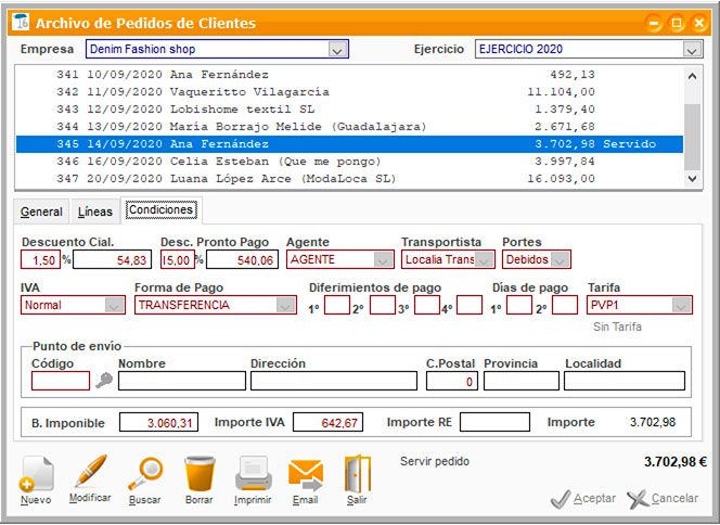 Condiciones de pago del cliente en un pedido de ClassicGes.