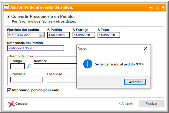 Pedido generado automáticamente desde presupuesto con ClassicGes.