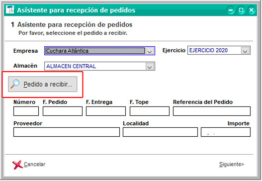 Seleccionar pedido a recibir en el asistente para recepción de pedidos de ClassicGes.