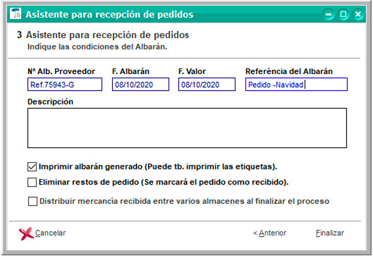 Indicar las condiciones del albarán en el asistente para recepción de pedidos de ClassicGes.