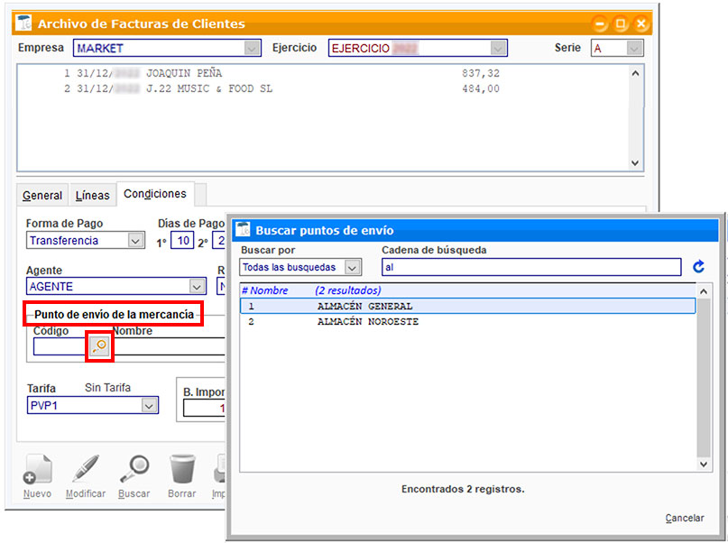 Añadir punto de envío de la mercancía a una factura de cliente en ClassicGes