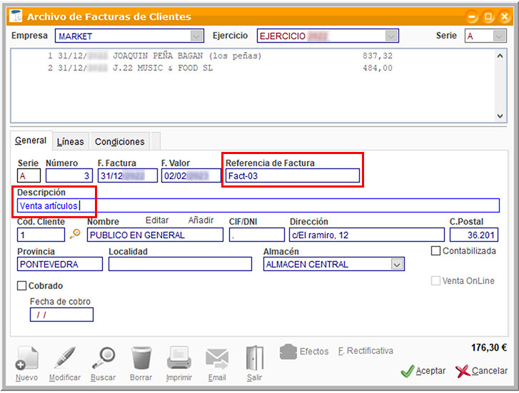Descripción y referencia de una factura en ClassicGes.