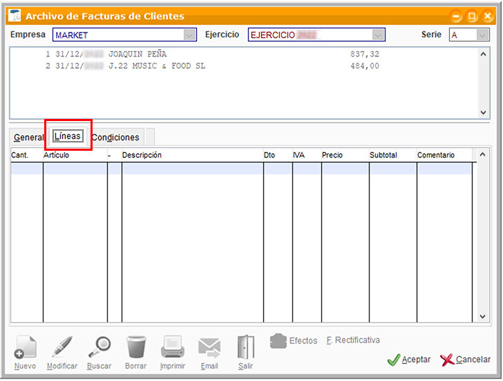 Factura sin líneas de artículos en ClassicGes.