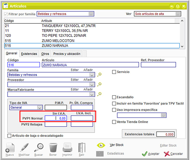 PVP de un artículo sin IVA y con IVA incluído en ClassicGes.