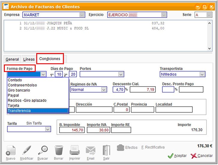 Condiciones de pago de cliente en una factura de ClassicGes.