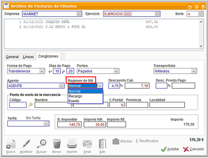 Régimen de IVA de cliente en una factura de ClassicGes.