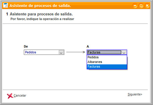 Asistente de procesos de salida de pedidos a facturas en ClassicGes.