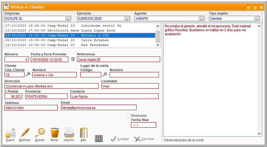 Ficha de visitas a clientes en ClassicGes.