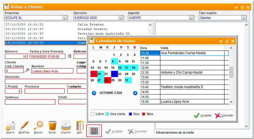 Calendario de visitas a clientes en ClassicGes.