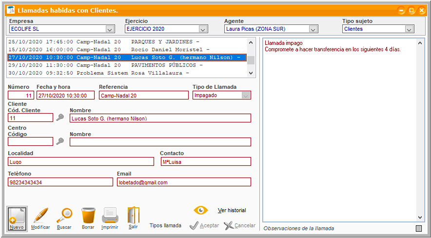 Ficha de llamadas habidas con clientes en ClassicGes.