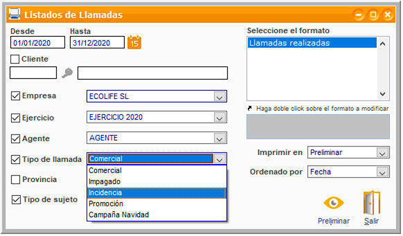 Listado de llamadas por incidencia en ClassicGes.