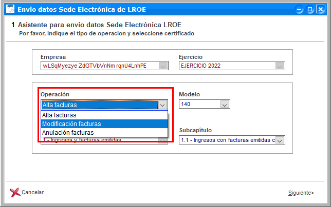 Seleccionar el tipo de operación para enviar datos a la Sede electrónica de LROE desde  ClassicGes.