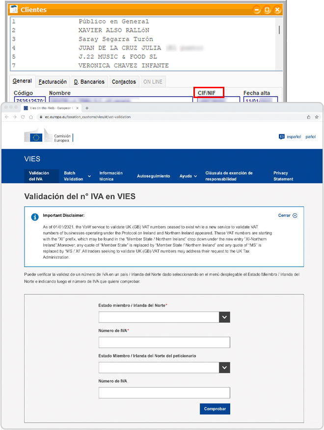 Validación del número de IVA en VIES desde la web de la Comisión Europea.