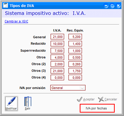 Configurar IVA por fechas en ClassicGes.