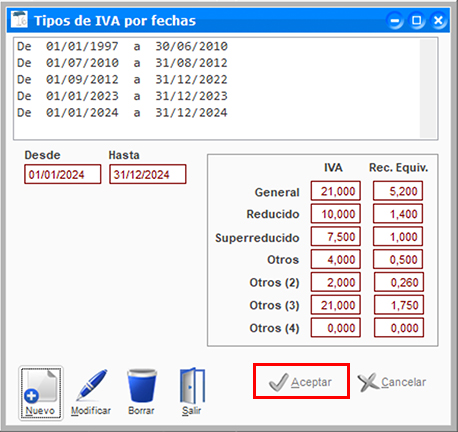 Crear un periodo de tiempo con otros tipos de IVA en ClassicGes.