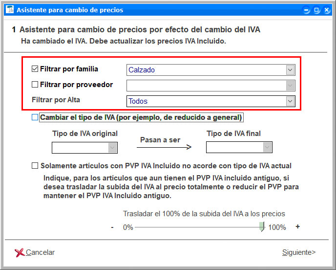 Asistente para el cambio de precios debido al cambio de IVA en ClassicGes.