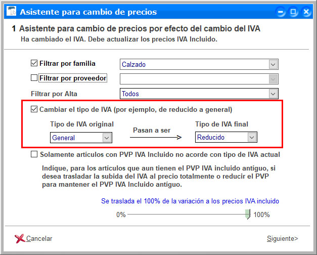 Asistente para el cambio de precios debido al cambio de IVA en ClassicGes.