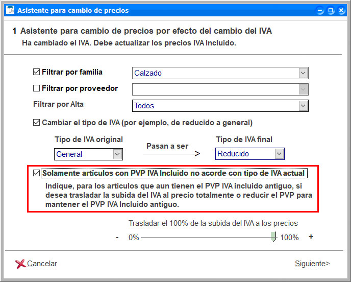 Asistente para el cambio de precios debido al cambio de IVA en ClassicGes.