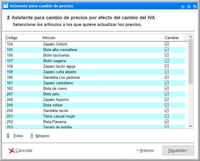 Selección de artículos para actualizar los precios por el cambio de IVA en ClassicGes.