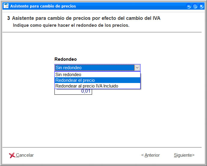 Selección del tipo de redondeo de los precios por efecto del cambio de IVA en ClassicGes.