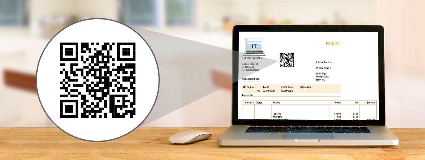 Código QR y factura con código QR en pantalla de ordenador portátik.