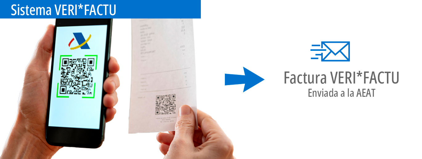 Infografía del funcionamiento del Sistema VERI*FACTU. Teléfono móvil escaneando código QR  y enviando factura a la AEAT.