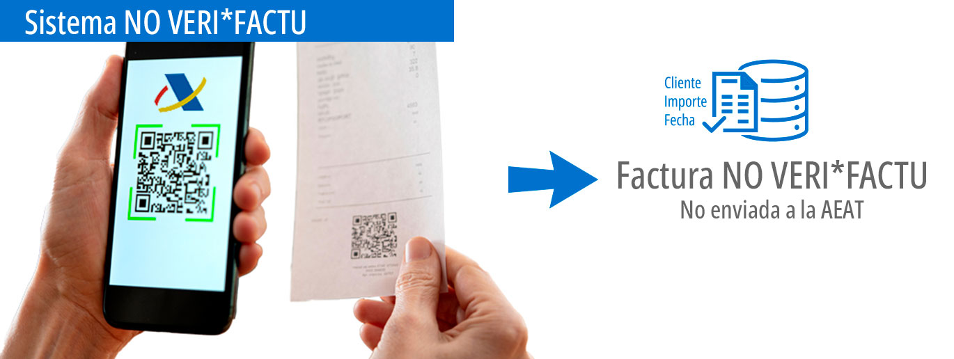 Infografía del funcionamiento del Sistema NO VERI*FACTU. Teléfono móvil escaneando código QR  y la factura se guarda en la base de datos del programa.