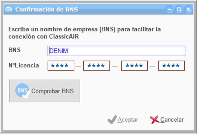 Ventana de configuración del Business Name Server (BNS) para el acceso a ClassicAIR