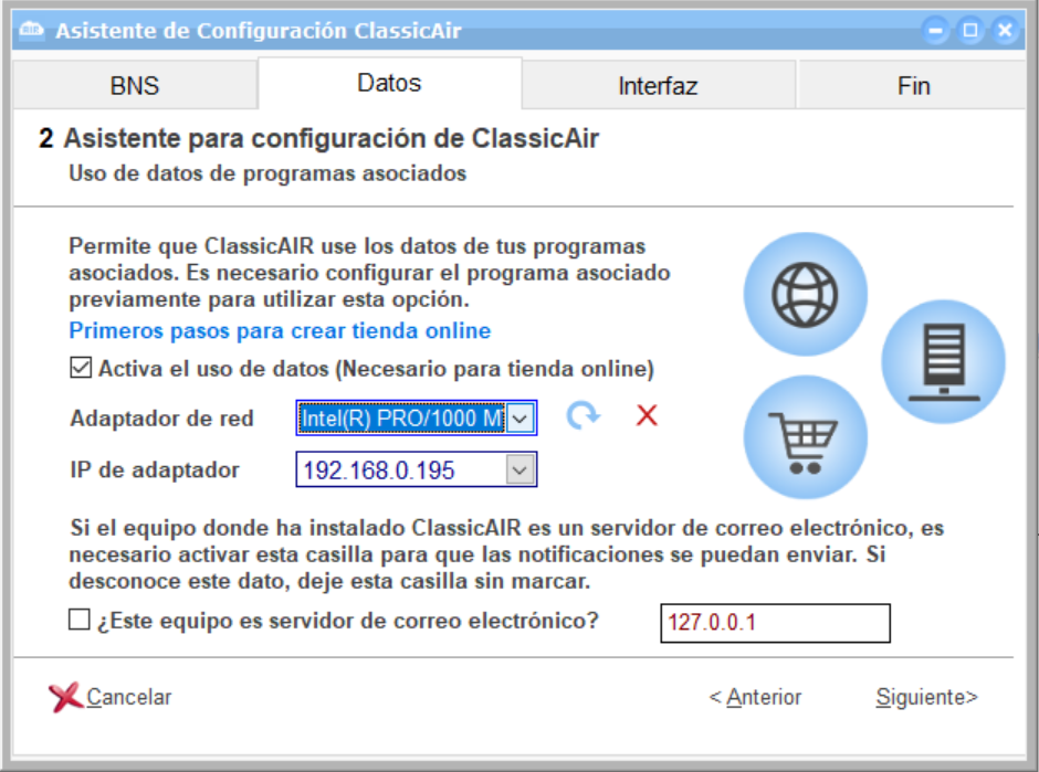 Asistente de configuración de ClassicAIR, pestaña 2 para activar el uso de datos y configurar el adaptador de red